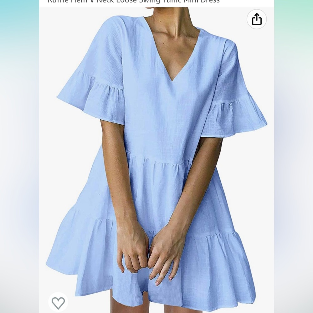 FANCYINN Shift Dress w/ Pockets Bell Sleeve Ruffle Hem V Neck Loose blue sz S